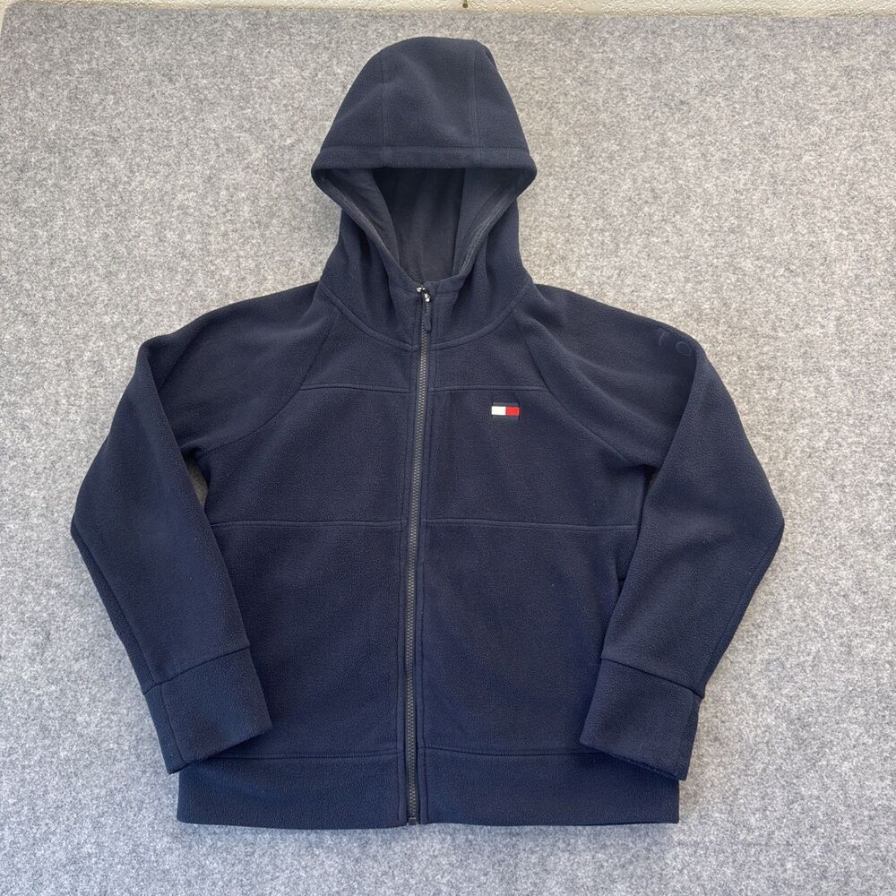 Tommy Hilfiger Sport Fleece Sewn Logo Flag Blue Womens Hooded Full Zip Size PM
